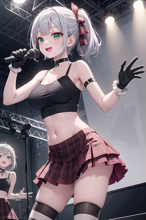 insanely detailed, absurdres, ultra-highres, ultra-detailed, best quality,
1girl, solo, nice hands, perfect hands
BREAK
(red and black theme:1.3), ((fusion of black crop-top and black camisole) with ruffles:1.4), ((sleeveless, bare shoulders):1.3), (navel, collarbone:1.3), ((black opera gloves, black long gloves):1.3), ((ruffle-skirt, multilayer-skirt):1.3), (red tartan-check pleated skirt:1.4), (black and white (striped-pattern over knee socks):1.3), (red lace-up boots:1.2), (choker, Bangles, silver accessories:1.2)
BREAK
happy smile, laugh, open mouth, (standing, singing, dancing, holding microphone:1.4),
seductive pose, cowboy shot
BREAK
slender, kawaii, perfect symmetrical face, ultra cute girl, ultra cute face, ultra detailed eyes, ultra detailed hair, ultra cute, ultra beautiful
BREAK
indoors, concert hall, idol live, crowded audience
BREAK
large breasts,
(grey hair, green eyes), hime cut