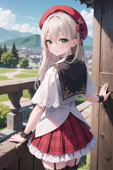 insanely detailed, absurdres, ultra-highres, ultra-detailed, best quality,
1girl, solo, nice hands, perfect hands
BREAK
(nsfw:-1.5),
(gothic drress, Idol costume:1.3), (red and white theme:1.2), (white blouse:1.4), (white collar, tie:1.3), (open short-cape:1.3), (short sleeve:1.2), (red tartan-check pattern (ruffle-skirt, multilayer-skirt):1.4), (white basque-beret with ribbon:1.3), (Fishnet stockings:1.3), (glove:1.2), (cleavage:-1.5)
BREAK
happy smile, laugh, closed mouth,
from below,
cute pose, cowboy shot, looking at viewer
BREAK
slender, kawaii, perfect symmetrical face, ultra cute girl, ultra cute face, ultra detailed eyes, ultra detailed hair, ultra cute, ultra beautiful
BREAK
on hilltop, mountainscape, mountain,
depth of field, ultra detailed background,
(very wide, panorama view, sense of depth, magnificent view:1.3)
BREAK
medium large breasts
BREAK
(orange hair, green eyes), long hair, hair between eyes