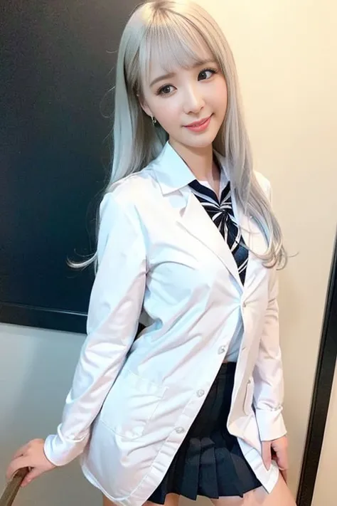 ((half white lab coat outside)),(sailor collar school uniform),shirt, pleated skirt,(black pantyhose),<lora:chineseTiktokIdolXiaoDianXin_v11:0.3>,<lora:Moxin_1010:0.1>, [:(detailed face:1.2):0.2], raw photo, (masterpiece), (best quality), highres, (realistic, photo-realistic:1.2), ultra detailed, physically-based rendering, 1girl, air bangs, long hair, (silvery hair), wavy hair,(smiling)