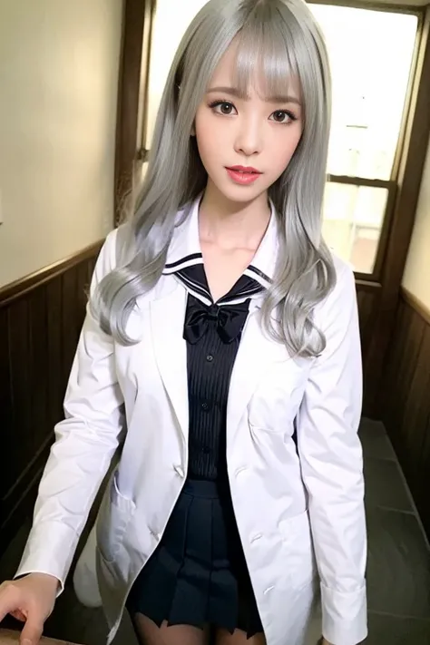 ((half white lab coat outside)),(sailor collar school uniform),shirt, pleated skirt,(black pantyhose),<lora:chineseTiktokIdolXiaoDianXin_v11:0.3>,<lora:Moxin_1010:0.1>, [:(detailed face:1.2):0.2], raw photo, (masterpiece), (best quality), highres, (realistic, photo-realistic:1.2), ultra detailed, physically-based rendering, 1girl, air bangs, long hair, (silvery hair), wavy hair,