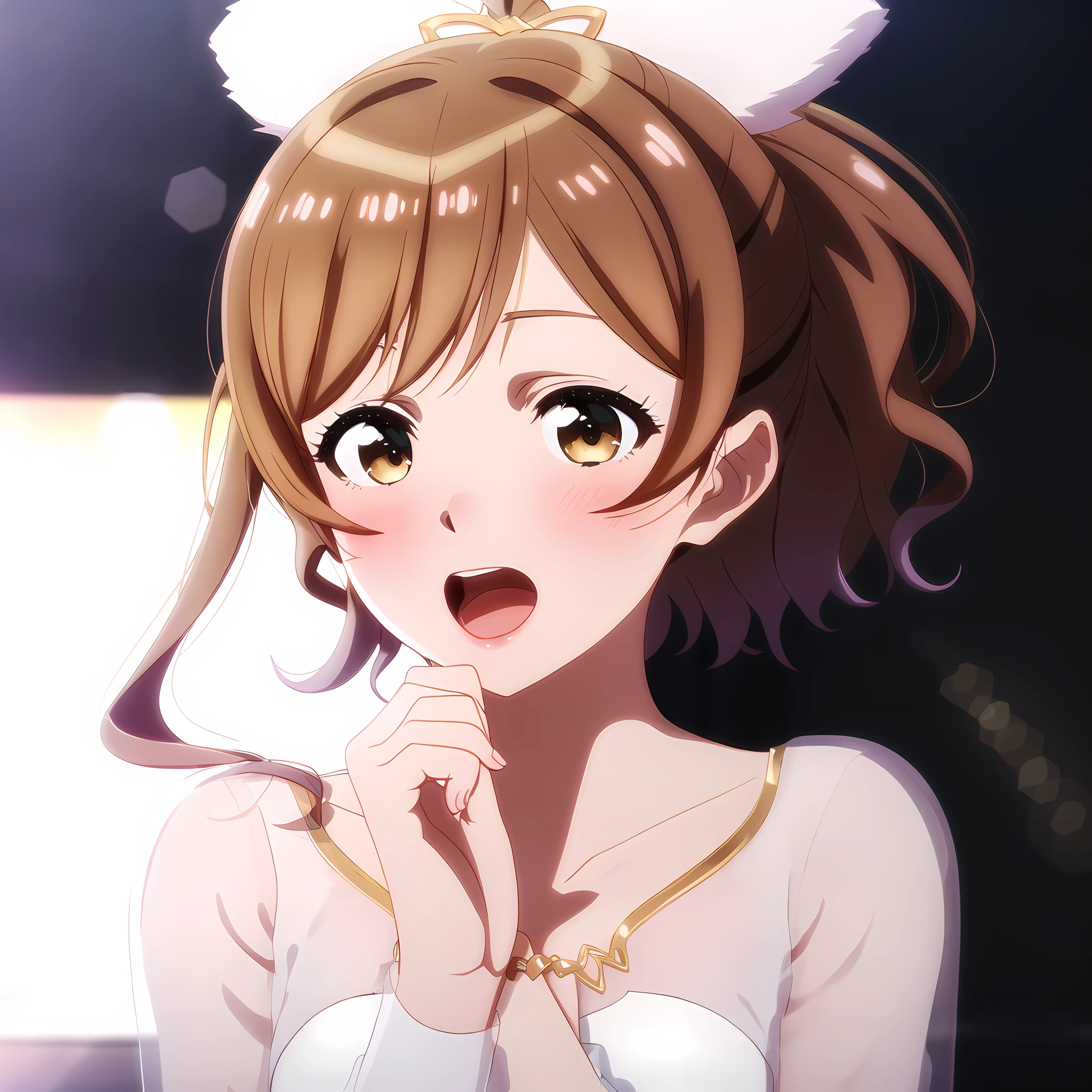 high quality, best quality, masterpiece, absurdres, miyama suzune, idol, 1girl, stage, blush, <lora:suzune-000003:0.75>, white_background, light_particles, singing