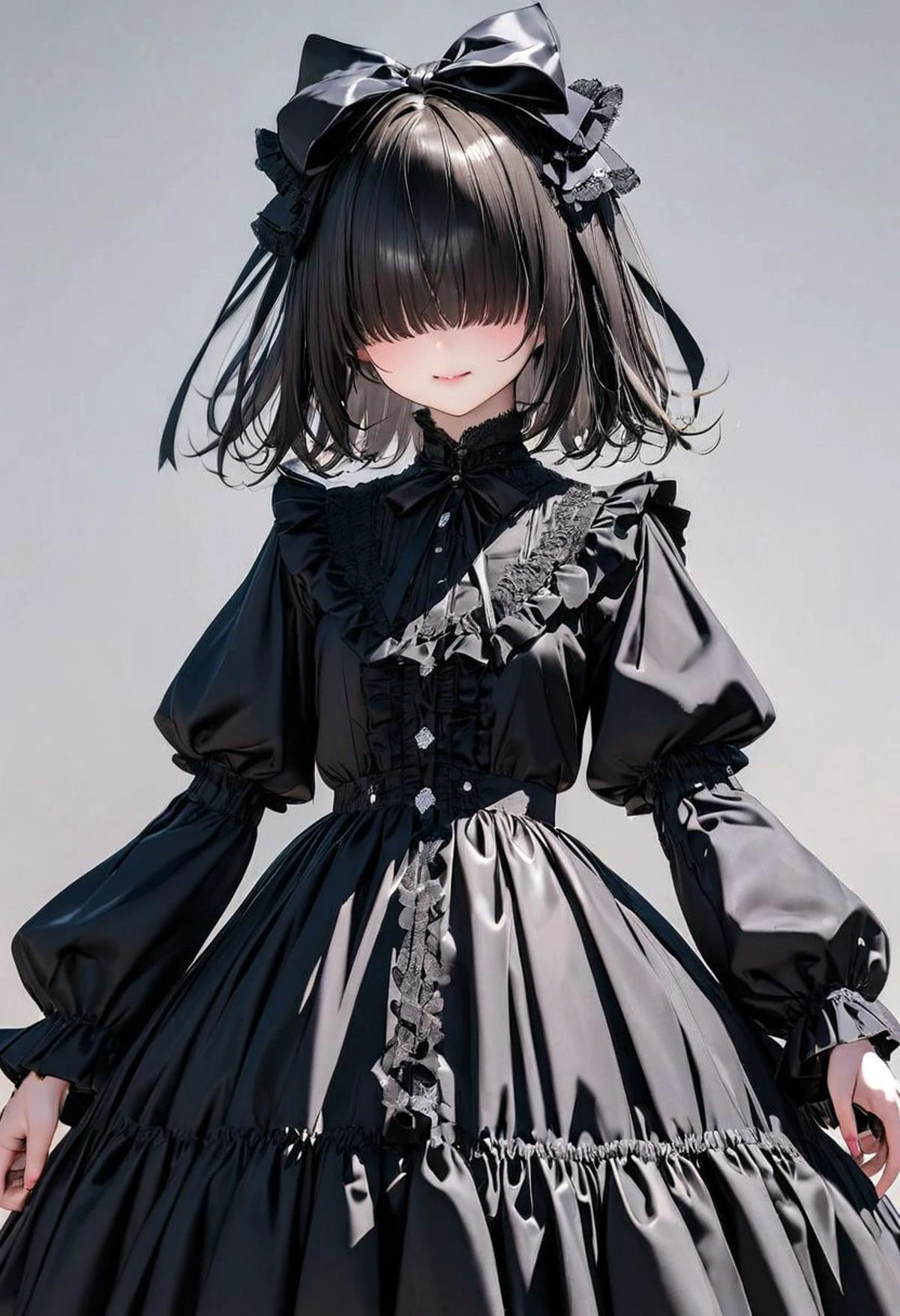 masterpiece,ultra-detailed,best quality,8K,illustration,cute face,clean skin ,shiny hair,girl,simple background, cowboy shot,hair over eyes, hair cover eyes, ,
<lora:add-detail-xl:1> <lora:gothic dress_XL_V1.0:1.2> jyojifuku, dress, frills, hair bow, ribbon