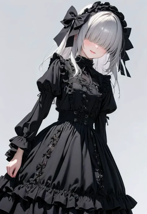 masterpiece,ultra-detailed,best quality,8K,illustration,cute face,clean skin ,shiny hair,girl,simple background, cowboy shot,hair over eyes, hair cover eyes, ,
 <lora:add-detail-xl:1> <lora:gothic dress_XL_V1.0:1.2> jyojifuku, dress, frills, hair bow, ribbon