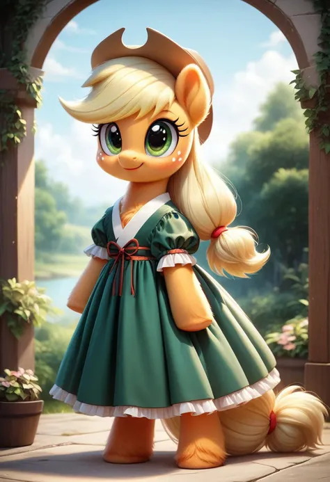 score_9, score_8_up, score_7_up, score_6, score_5_up, score_4_up, rating_safe, full body, solo, young, furry, fluffy, fluffy fur, perfect eyes, mlp, g4,
Applejack\(my_little_pony\), (wearing pastel green short dress), ((Japanese Loleta dress)), (gothic loleta style), ((cute kawaii Japanese dress)),
(high detailed face), (high art quality), (high detailed), 4k, (high resolution), (8k resolution), masterpiece, best quality, scenery, detailed background