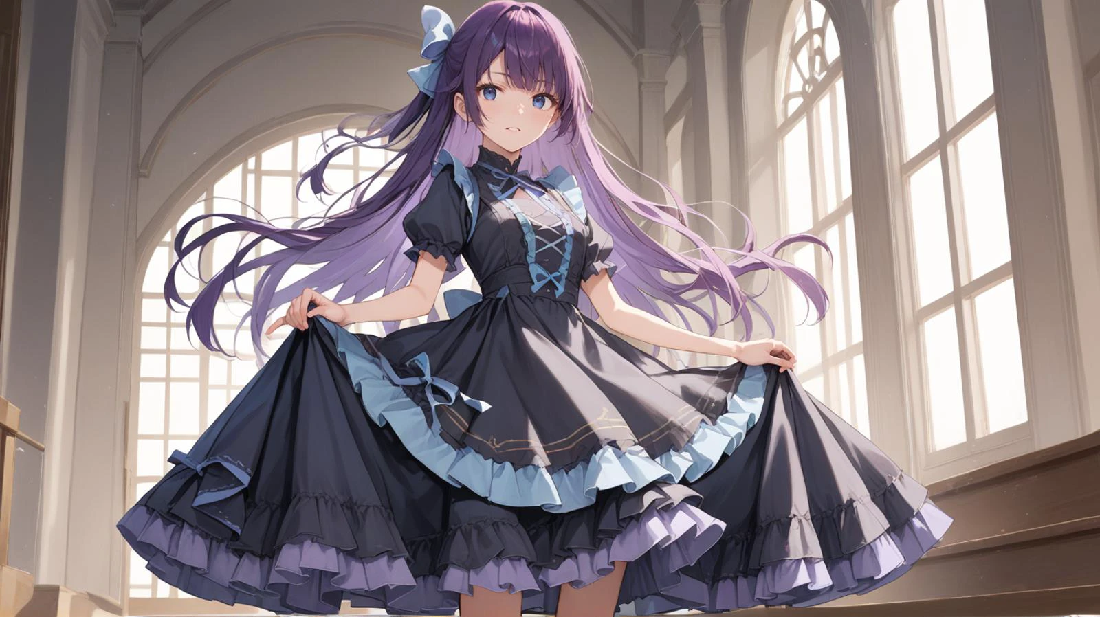 on stage,,source_anime, high res image,masterpiece,best quality <lora:gothic dress_Pony_V1.0:0.8> jyojifuku, black dress, frills, hair bow, ribbon <lora:hitagi-senjougahara-ponyxl-lora-nochekaiser:0.8> senjougahara hitagi, bangs, long hair, blue eyes, purple hair, skirt lift, score_9, score_8_up,score_7_up,score_6_up,