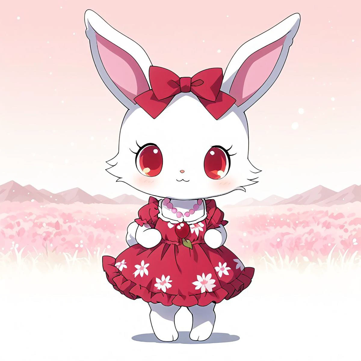 uploaded on e621, source_furry, moe, cute, score_10, score_9_up, score_8_up, score_7_up, masterpiece, super fine illustration, best quality, light particles, ultra-detailed, 8K wallpaper, vivid colors,highly detailed beautiful face and eyes, background:floral garden,nature_background,beautiful landscape,sun,blue_sky, mountain, field, standing, smile,happy, Full Body, Romantic, Small Body, Furry,
fluffy, fluffy fur, looking_pleasured, jewel pet, ((solo,1girl,female)),center,Ruby,perfect ruby,(white fur,white body),((white color cheek fur)),red eyes,closed smile, torogao,red eyes,closed smile mouth,
clothed,cube clothed,(((wearing gothic pink dress))), jyojifuku, (pink dress),red skirt,frills,frill skirt, hair bow, ribbon, frills,
no humans,animal,rabbit,rabbit ears,white ears, hair_accessory, 1 cherry blossom on bunny head,cherry blossom hair accessory,jewelry,necklace,cherries gem,cherries necklace,
