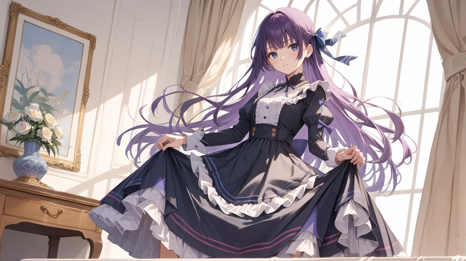 on stage,,source_anime, high res image,masterpiece,best quality <lora:gothic dress_Pony_V1.0:0.8> jyojifuku, black dress, frills, hair bow, ribbon <lora:hitagi-senjougahara-ponyxl-lora-nochekaiser:0.8> senjougahara hitagi, bangs, long hair, blue eyes, purple hair, skirt lift, score_9, score_8_up,score_7_up,score_6_up,