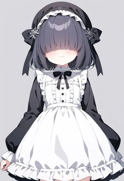 masterpiece,ultra-detailed,best quality,8K,illustration,cute face,clean skin ,shiny hair,girl,simple background, cowboy shot,hair over eyes, hair cover eyes, ,
 <lora:add-detail-xl:1> <lora:gothic dress_XL_V1.0:1.2> jyojifuku, dress, frills, hair bow, ribbon