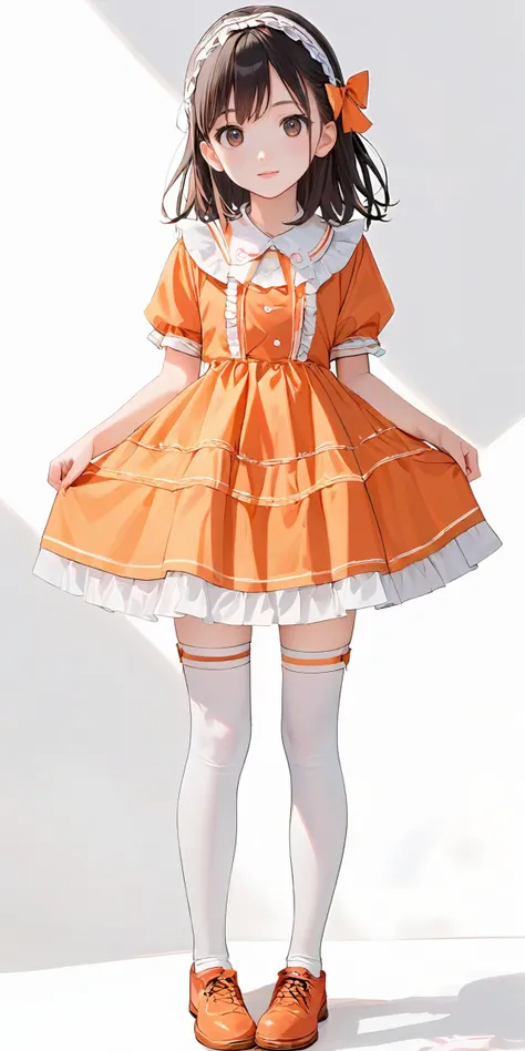 score_9, score_8_up, score_7_up,source_anime, high res image,masterpiece,best quality,girl,cowboy shot,cute face,simple background, <lora:gothic dress_Pony_V1.0:1.2> jyojifuku, orange dress, frills, ribbon, hair bow,thighhighs,shoes