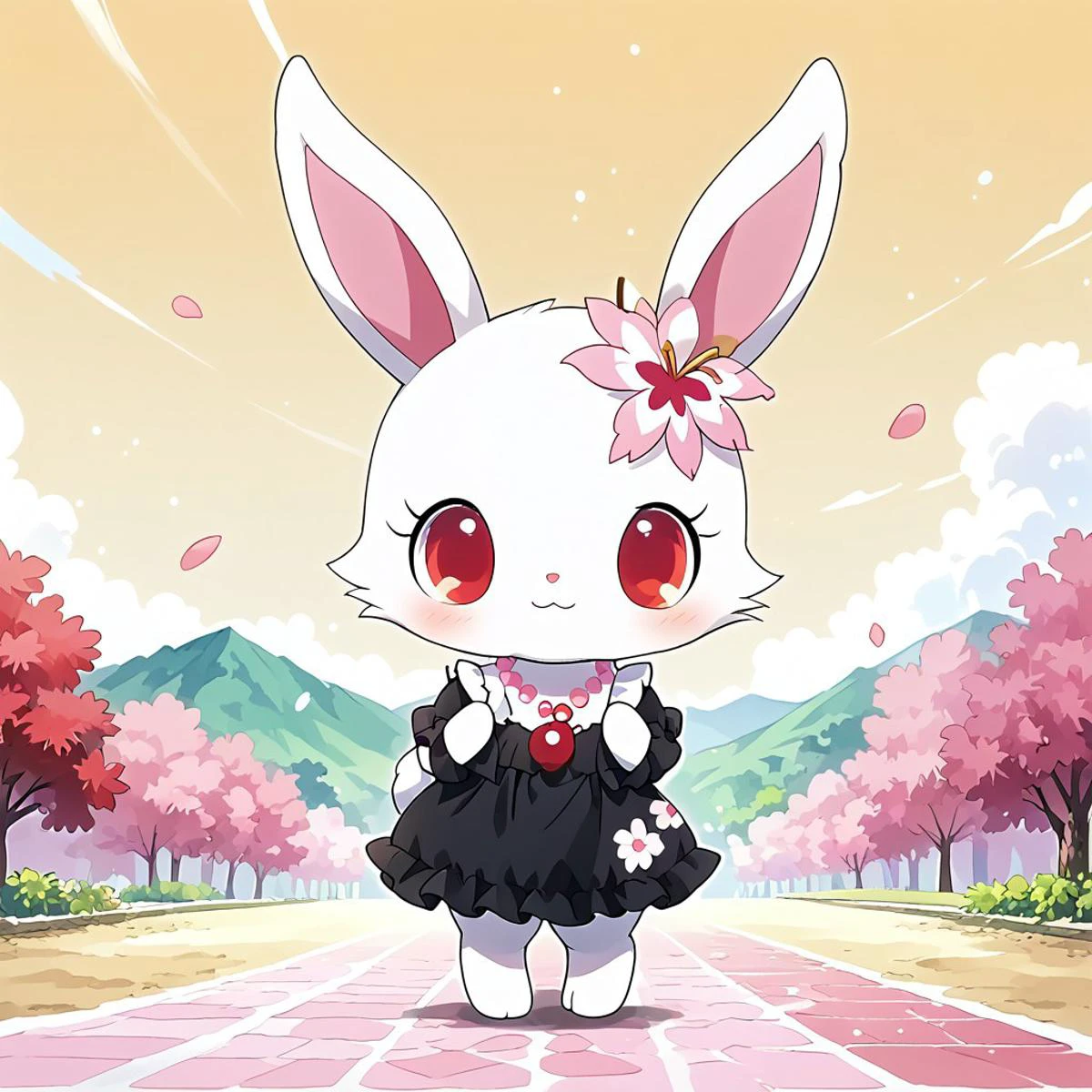 uploaded on e621, source_furry, moe, cute, score_10, score_9_up, score_8_up, score_7_up, masterpiece, super fine illustration, best quality, light particles, ultra-detailed, 8K wallpaper, vivid colors,highly detailed beautiful face and eyes, background:floral garden,nature_background,beautiful landscape,sun,blue_sky, mountain, field, standing, smile,happy, Full Body, Romantic, Small Body, Furry, looking_pleasured, jewel pet, ((solo,1girl,female)),center,Ruby,perfect ruby,(white fur,white body),((white color cheek fur)),red eyes,closed smile, torogao,red eyes,closed smile mouth,clothed,cube clothed,jyojifuku, black dress, frills,
no humans,animal,rabbit,rabbit ears,white ears, hair_accessory, 1 cherry blossom on bunny head,cherry blossom hair accessory,jewelry,necklace,cherries gem,cherries necklace,