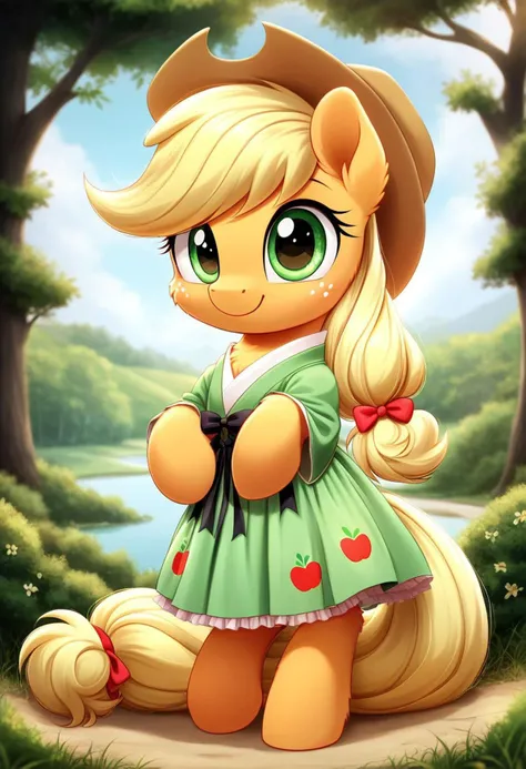 score_9, score_8_up, score_7_up, score_6, score_5_up, score_4_up, rating_safe, full body, solo, young, furry, fluffy, fluffy fur, perfect eyes, mlp, g4,
Applejack\(my_little_pony\), (wearing pastel green short dress), ((Japanese Loleta dress)), (gothic loleta style), ((cute kawaii Japanese dress)), jyojifuku, frills, hair bow, ribbon,
(high detailed face), (high art quality), (high detailed), 4k, (high resolution), (8k resolution), masterpiece, best quality, scenery, detailed background