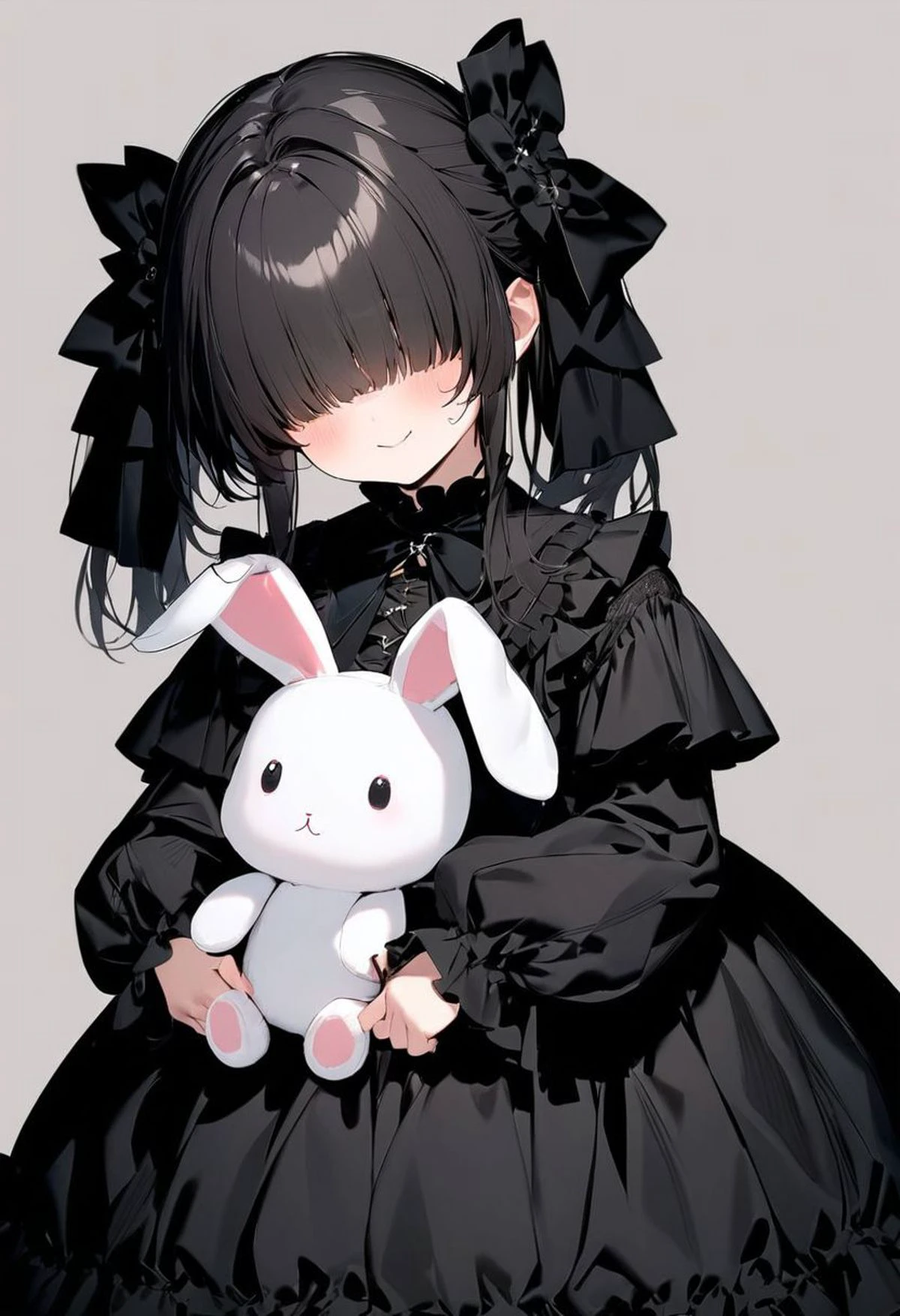 masterpiece,best quality,cute face,,shiny hair,girl,simple background, cowboy shot,cute face,hair over eyes, hair cover eyes,holding a stuffed rabbit,
<lora:add-detail-xl:1> <lora:gothic dress_XL_V1.0:1.2> jyojifuku, dress, frills, hair bow, ribbon