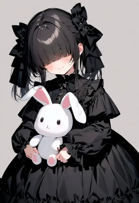 masterpiece,best quality,cute face,,shiny hair,girl,simple background, cowboy shot,cute face,hair over eyes, hair cover eyes,holding a stuffed rabbit,
 <lora:add-detail-xl:1> <lora:gothic dress_XL_V1.0:1.2> jyojifuku, dress, frills, hair bow, ribbon