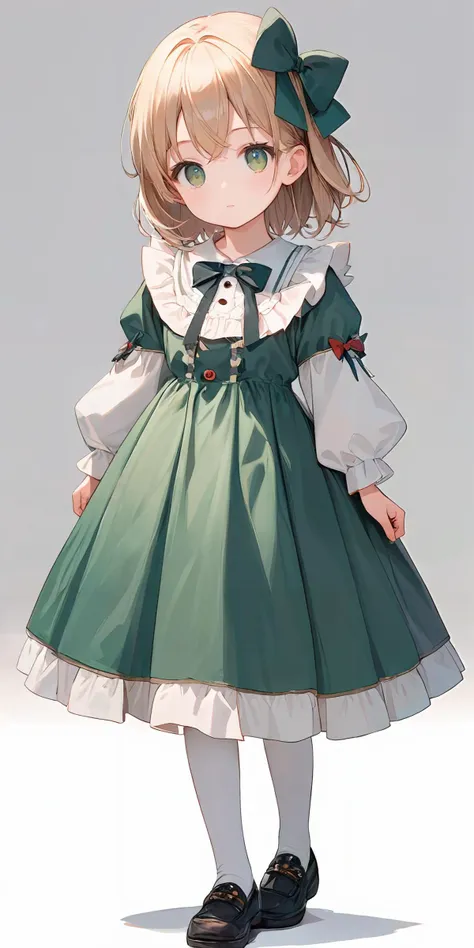 score_9, score_8_up, score_7_up,source_anime, high res image,masterpiece,best quality,girl,cowboy shot,cute face,simple background, <lora:gothic dress_Pony_V1.0:1.2> jyojifuku, green dress, frills, ribbon, hair bow,thighhighs,shoes