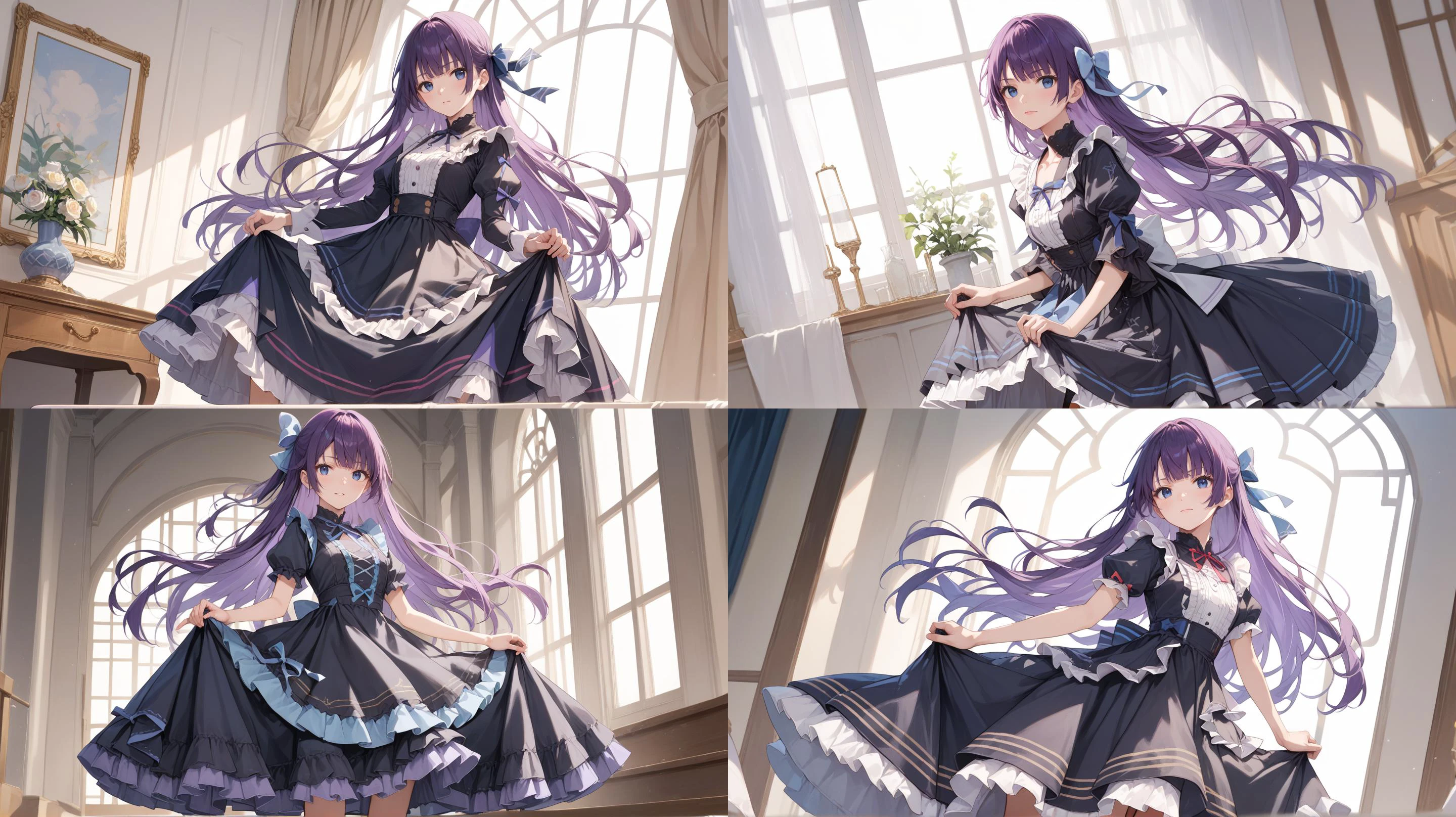 on stage,,source_anime, high res image,masterpiece,best quality <lora:gothic dress_Pony_V1.0:0.8> jyojifuku, black dress, frills, hair bow, ribbon <lora:hitagi-senjougahara-ponyxl-lora-nochekaiser:0.8> senjougahara hitagi, bangs, long hair, blue eyes, purple hair, skirt lift, score_9, score_8_up,score_7_up,score_6_up,