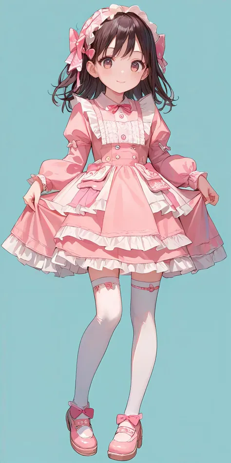 score_9, score_8_up, score_7_up,source_anime, high res image,masterpiece,best quality,girl,cowboy shot,cute face,simple background, <lora:gothic dress_Pony_V1.0:1.2> jyojifuku, pink dress, frills, ribbon, hair bow,thighhighs,shoes