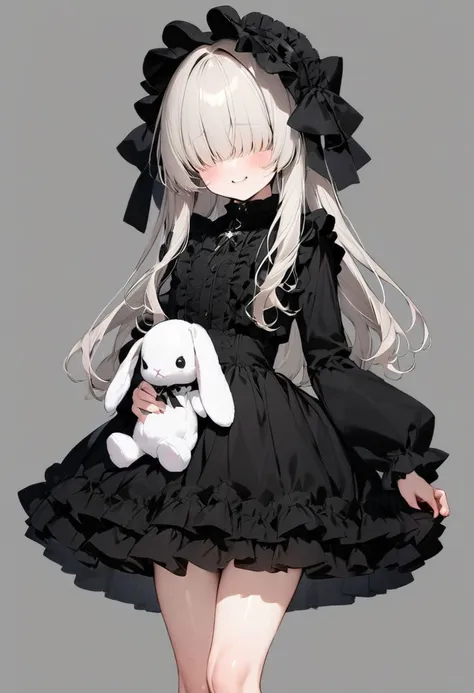 masterpiece,best quality,cute face,,shiny hair,girl,simple background, cowboy shot,cute face,hair over eyes, hair cover eyes,holding a stuffed rabbit,
 <lora:add-detail-xl:1> <lora:gothic dress_XL_V1.0:1.2> jyojifuku, dress, frills, hair bow, ribbon