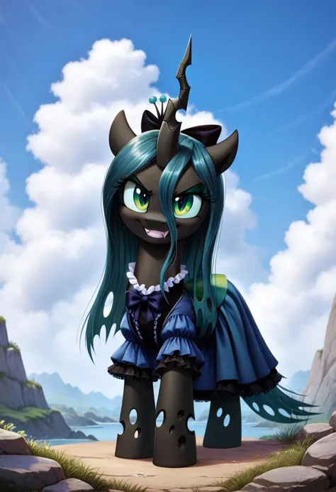 score_9, score_8_up, score_7_up, score_6, score_5_up, score_4_up, rating_safe, full body, solo, young, furry, fluffy, fluffy fur, perfect eyes, mlp, g4,
Queen_Chrysalis\(my_little_pony\), anger grin, (((wearing gothic light blue dress))), jyojifuku, (sky blue dress), frills, hair bow, ribbon
(high detailed face), (high art quality), (high detailed), 4k, (high resolution), (8k resolution), masterpiece, best quality, scenery, detailed background