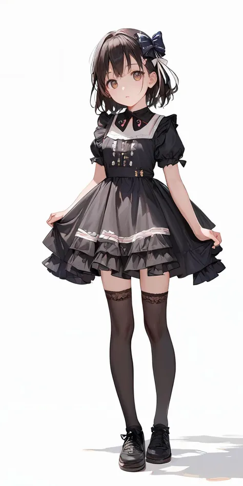 score_9, score_8_up, score_7_up,source_anime, high res image,masterpiece,best quality,girl,cowboy shot,cute face,simple background, <lora:gothic dress_Pony_V1.0:1> jyojifuku, black dress, frills, ribbon, hair bow,thighhighs,shoes