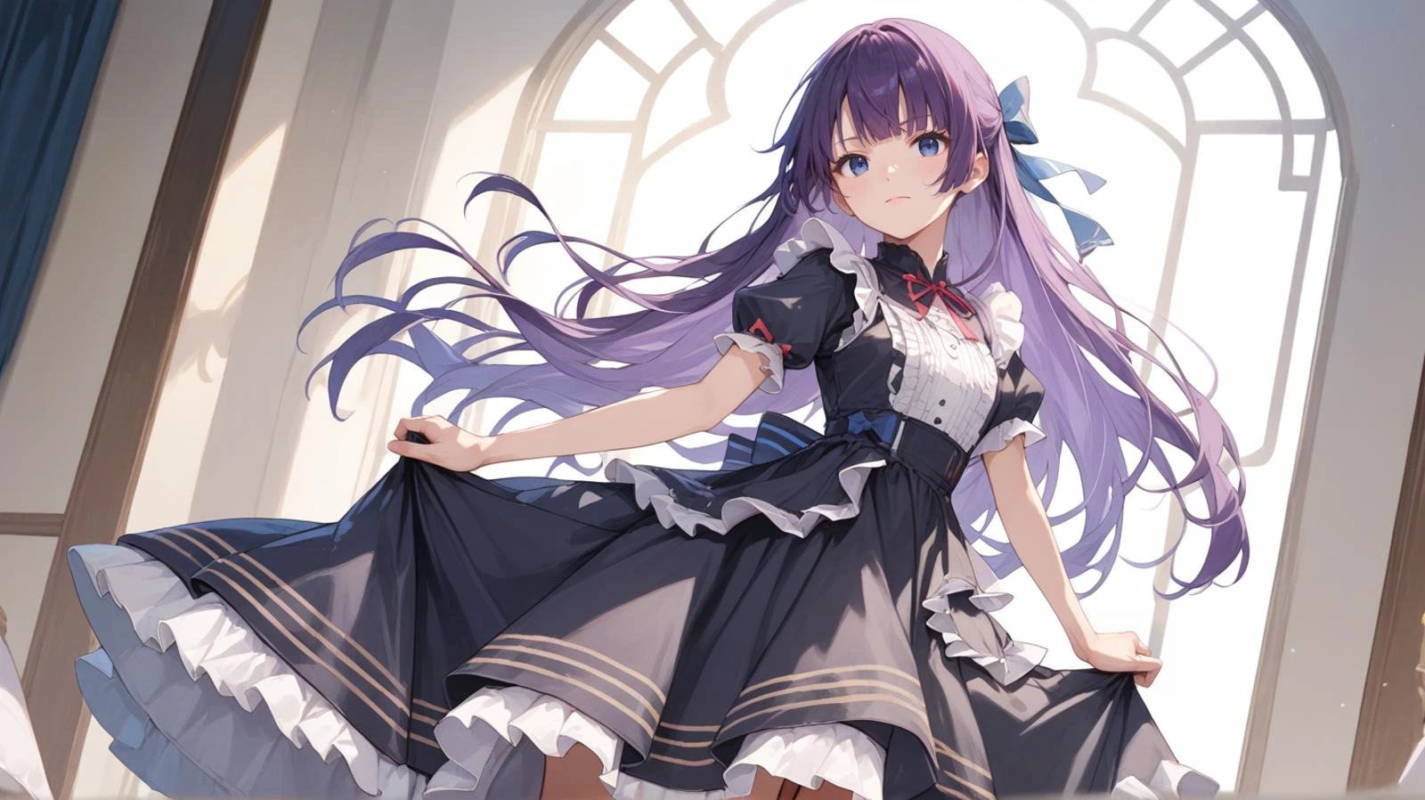 on stage,,source_anime, high res image,masterpiece,best quality <lora:gothic dress_Pony_V1.0:0.8> jyojifuku, black dress, frills, hair bow, ribbon <lora:hitagi-senjougahara-ponyxl-lora-nochekaiser:0.8> senjougahara hitagi, bangs, long hair, blue eyes, purple hair, skirt lift, score_9, score_8_up,score_7_up,score_6_up,