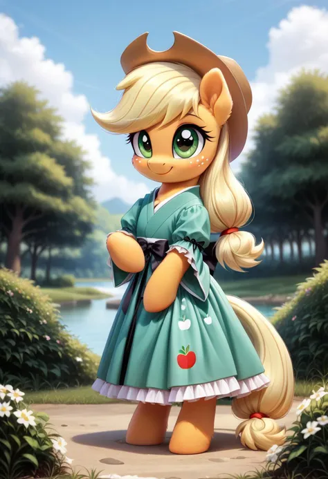 score_9, score_8_up, score_7_up, score_6, score_5_up, score_4_up, rating_safe, full body, solo, young, furry, fluffy, fluffy fur, perfect eyes, mlp, g4,
Applejack\(my_little_pony\), (wearing pastel green short dress), ((Japanese Loleta dress)), (gothic loleta style), ((cute kawaii Japanese dress)), jyojifuku, frills, hair bow, ribbon,
(high detailed face), (high art quality), (high detailed), 4k, (high resolution), (8k resolution), masterpiece, best quality, scenery, detailed background