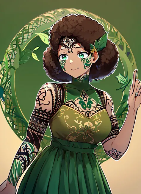 ((best quality)), ((highly detailed)), masterpiece, absurdres, (detailed eyes, deep eyes), (1girl), cowboy shot, (((very wide shot))), <lora:afro_model:.6>, afro, (dryad), (((moss_hair:1.6, brown hair, flower in hair, <lora:conceptColoredInner_v10:1>, Dark spring green colored inner hair, leaves in hair))), (((dark brown skin:1.5))), plant girl, (serene smile), green eyes, tall woman, <lora:tattoo_lora01:.7>, ((intricate tattoos:1.4)), (green tattoos), (rune tattoos), nature, ((leaf skirt, clothes made of plants:1.4)), medium breasts, mushrooms, (inside, at a hospital)