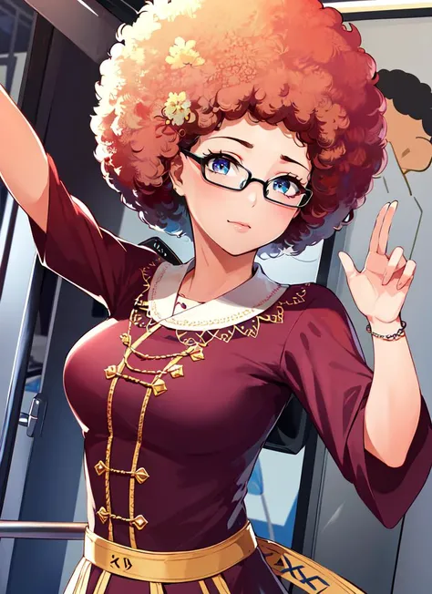((best quality)), ((highly detailed)), masterpiece, absurdres, extremely detailed face, beautiful face, (detailed eyes, deep eyes), (1girl), (glasses), dynamic pose, upper body, <lora:afro_model:.6>, afro, dancer, dancing, (inside, at a train)