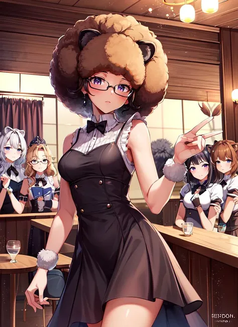 ((best quality)), ((highly detailed)), masterpiece, absurdres, (detailed eyes, deep eyes), <lora:more_details:.4>, (1girl), (glasses), dynamic pose, cowboy shot, (((wide shot))), <lora:afro_model:.6>, afro, (lion girl), lion ears, lion mane, royalty, long hair, (black hair), ((dark skin)), amber eyes, small breasts, athletic, royal purple fur-trimmed gown, maxiskirt, tiara, (indoors, in a bar, bar tender uniform, (6+girls))