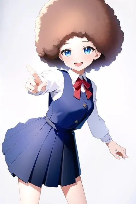 <lora:afro_model_v10:0.6>,
white background, simple background, standing, full body, 1girl, solo,
(best quality)++,(masterpiece)++,(ultra detailed)++, ultra high res, highly detailed beautiful face and eyes, 8K resolution,
(brown afro hair:1.2), full smile, laugh, open mouth, dynamic pose, dancing,
blue eyes, blush,
school uniform, black skirt, long sleeves, blue shirt,