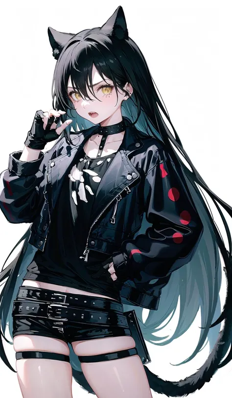 origin, 1girl, long hair, solo, jacket, shorts, gloves, black jacket, black gloves, open mouth, black shorts, hand in pocket, white background, fingerless gloves, belt, simple background, looking at viewer, cat tail, very long hair, short shorts, black shirt, shirt, thigh strap, long sleeves <lora:dagda-pynoise:1>