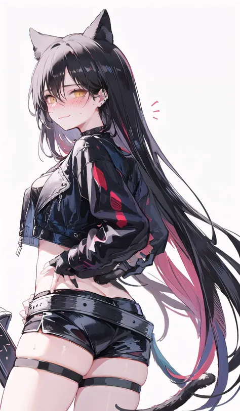 origin, 1girl, pale skin,looking back,solo,sweat, blush,smile, long hair, gloves, fingerless gloves, cat tail, cat girl, shorts, breasts, black gloves, jacket, white background, belt, simple background, very long hair, thigh strap, looking at viewer, blush, short shorts <lora:kamibana-noise-000008:0.5> <lora:dagda-pynoise-000010:1>