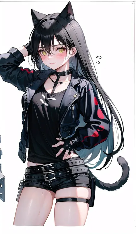 origin, 1girl, solo,sweat, blush,smile, long hair, gloves, fingerless gloves, cat tail, cat girl, shorts, breasts, black gloves, jacket, white background, belt, simple background, very long hair, thigh strap, looking at viewer, blush, short shorts <lora:dagda-pynoise:1>