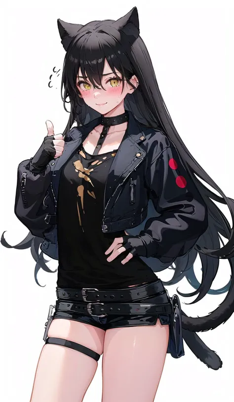 origin, 1girl, solo,sweat, blush,smile,(thumbs up), long hair, gloves, fingerless gloves, cat tail, cat girl, shorts, breasts, black gloves, jacket, white background, belt, simple background, very long hair, thigh strap, looking at viewer, blush, short shorts <lora:dagda-pynoise-000011:1>