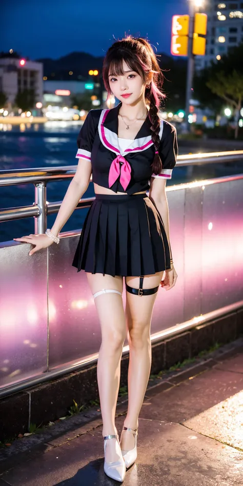 (Canon RF85mm f/1.2,best quality,HDR,Realisticity,realistic light and shadow,Cinematic Lighting),(1 girl,korean mixed,kpop idol:1.2,beautiful long_Slender_legs),((thigh strap,leg garter:A Bow Style delicate strap tied on only one thigh for decorative purposes with ****_of lace or leather)):3,(purple|pinkhair,braided ponytail),(lipstick,pink lips,pink_shiny_lips,pink_eyeshadow,eyelashes,powder_blusher,make-up),(white_shiny_skin,black eyes,Pore,skin texture,shiny),(necklace,earrings,bracelet,floral_tattoo on arm),big breasts,smile,dynamic angle,Dynamic pose,((night,Downtown reflections,Glowing city lights mirrored in urban waters,The alternating light and shadow of warm and cold tones)),(((skinny school uniform,Pointed-toe_flats))),