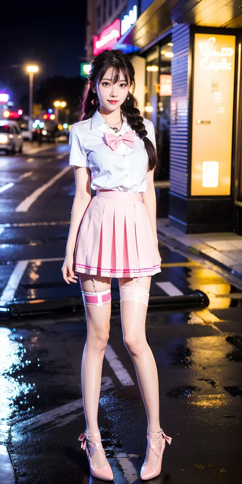 (Canon RF85mm f/1.2,best quality,HDR,Realisticity,realistic light and shadow,Cinematic Lighting),(1 girl,korean mixed,kpop idol:1.2,beautiful long_Slender_legs),((thigh strap,leg garter:A Bow Style delicate strap tied on only one thigh for decorative purposes with ****_of lace or leather)):3,(purple|pinkhair,braided ponytail),(lipstick,pink lips,pink_shiny_lips,pink_eyeshadow,eyelashes,powder_blusher,make-up),(white_shiny_skin,black eyes,Pore,skin texture,shiny),(necklace,earrings,bracelet,floral_tattoo on arm),big breasts,smile,dynamic angle,Dynamic pose,((night,Downtown reflections,Glowing city lights mirrored in urban waters,The alternating light and shadow of warm and cold tones)),(((skinny school uniform,Pointed-toe_flats))),
