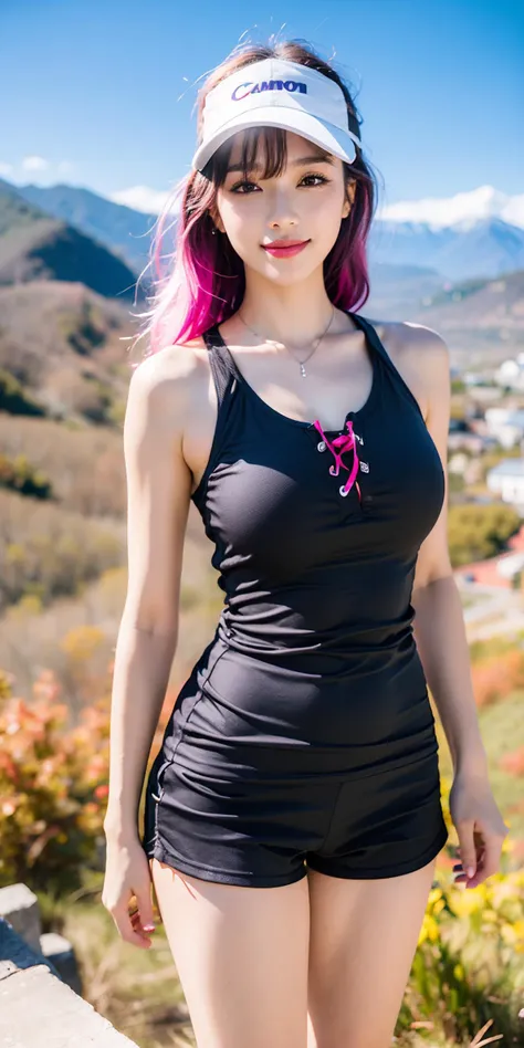 (Canon RF85mm f/1.2,best quality,HDR,Realisticity:1.4,(realistic light and shadow):1.5,Cinematic Lighting),(1 girl,korean mixed,kpop idol:1.2,beautiful long_Slender_legs),(purple|pinkhair,long_brown_wavy_hair),(pink lipstick,pink lips,pink_shiny_lips,pink_eyeshadow,eyelashes,powder_blusher,make-up),(white_shiny_skin,black eyes,Pore,skin texture,shiny),(necklace,earrings,bracelet),big breasts,smile,dynamic angle,Dynamic pose,((Sweeping mountain scenery,autumn,Deep valleys,Beaches)),((Visor hat,sport shorts,sleeveless tanktop with a lace-up detail)),
