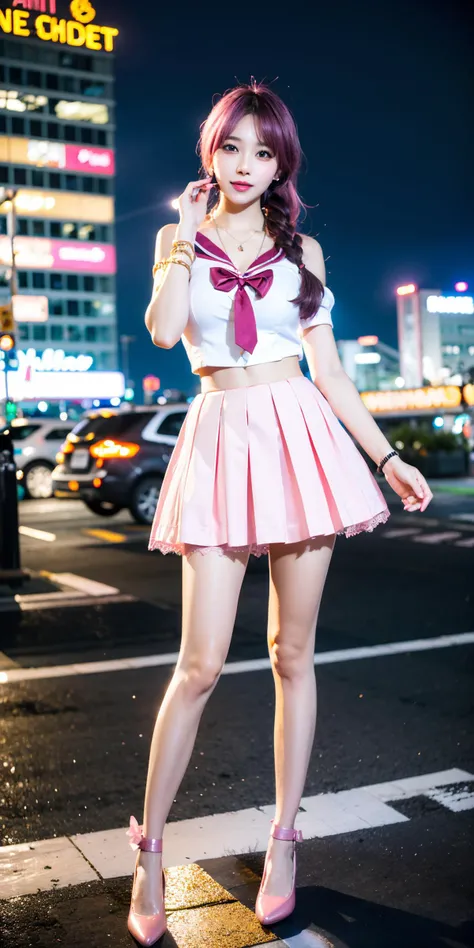 (Canon RF85mm f/1.2,best quality,HDR,Realisticity,realistic light and shadow,Cinematic Lighting),(1 girl,korean mixed,kpop idol:1.2,beautiful long_Slender_legs),((thigh strap,leg garter:A Bow Style delicate strap tied on only one thigh for decorative purposes with ****_of lace or leather)):3,(purple|pinkhair,braided ponytail),(lipstick,pink lips,pink_shiny_lips,pink_eyeshadow,eyelashes,powder_blusher,make-up),(white_shiny_skin,black eyes,Pore,skin texture,shiny),(necklace,earrings,bracelet,floral_tattoo on arm),big breasts,smile,dynamic angle,Dynamic pose,((Downtown reflections,Glowing city lights mirrored in urban waters,tall buildings)),(((skinny school uniform,Pointed-toe_flats))),