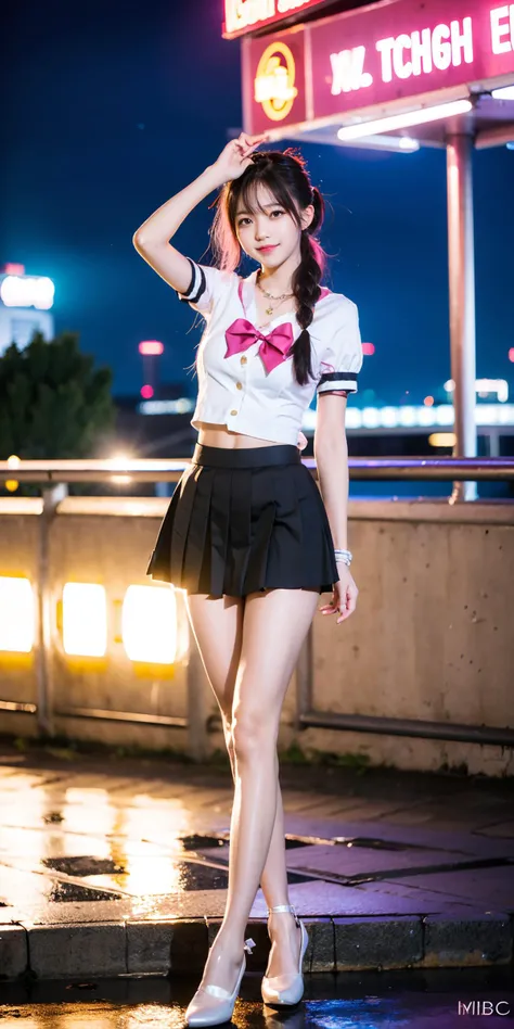 (Canon RF85mm f/1.2,best quality,HDR,Realisticity,realistic light and shadow,Cinematic Lighting),(1 girl,korean mixed,kpop idol:1.2,beautiful long_Slender_legs),((thigh strap,leg garter:A Bow Style delicate strap tied on only one thigh for decorative purposes with ****_of lace or leather)):3,(purple|pinkhair,braided ponytail),(lipstick,pink lips,pink_shiny_lips,pink_eyeshadow,eyelashes,powder_blusher,make-up),(white_shiny_skin,black eyes,Pore,skin texture,shiny),(necklace,earrings,bracelet,floral_tattoo on arm),big breasts,smile,dynamic angle,Dynamic pose,((night,Downtown reflections,Glowing city lights mirrored in urban waters,The alternating light and shadow of warm and cold tones)),(((skinny school uniform,Pointed-toe_flats))),