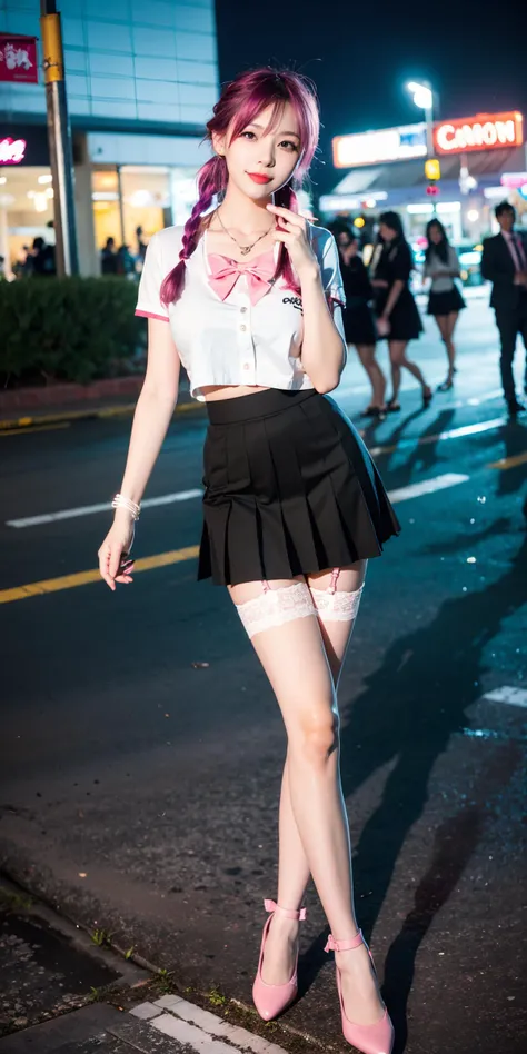 (Canon RF85mm f/1.2,best quality,HDR,Realisticity,realistic light and shadow,Cinematic Lighting),(1 girl,korean mixed,kpop idol:1.2,beautiful long_Slender_legs),((thigh strap,leg garter:A Bow Style delicate strap tied on only one thigh for decorative purposes with ****_of lace or leather)):3,(purple|pinkhair,braided ponytail),(lipstick,pink lips,pink_shiny_lips,pink_eyeshadow,eyelashes,powder_blusher,make-up),(white_shiny_skin,black eyes,Pore,skin texture,shiny),(necklace,earrings,bracelet,floral_tattoo on arm),big breasts,smile,dynamic angle,Dynamic pose,((night,Downtown reflections,Glowing city lights mirrored in urban waters,The alternating light and shadow of warm and cold tones)),(((skinny school uniform,Pointed-toe_flats))),
