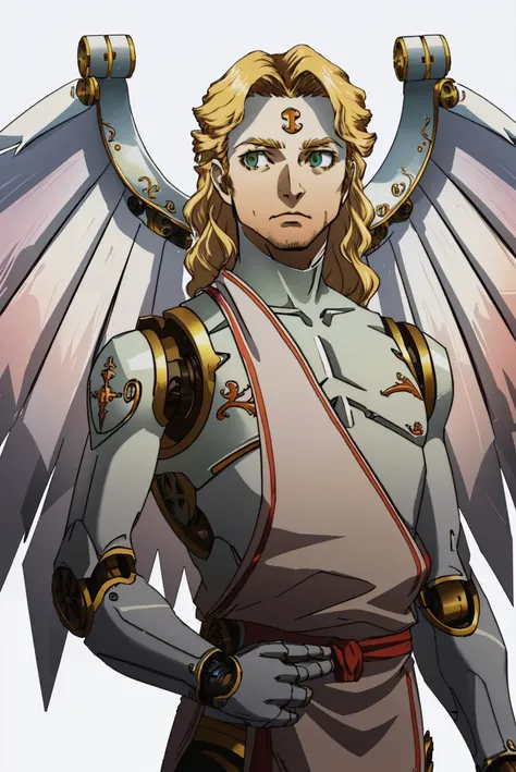 masterpiece, best quality, solo, upper body, 1boy, looking at viewer, <lora:P3-Protraits_Fp:0.8>, simple background, white background, <lora:metatronv1:1> metatronsmt, blonde hair, mechanical wings, robot
