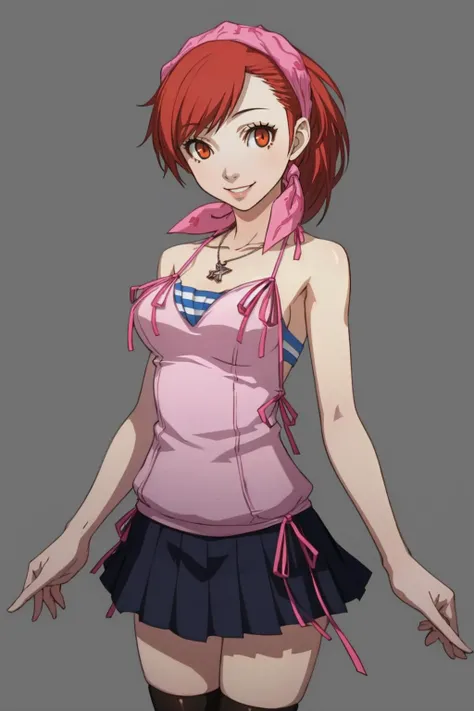 masterpiece, best quality, solo, 1girl, looking at viewer, smile, <lora:P3-Protraits_Fp:0.8>, simple background, <lora:Yuzu:1>, yuzudesu, bandana, necklace, camisole, skirt, thighhighs,