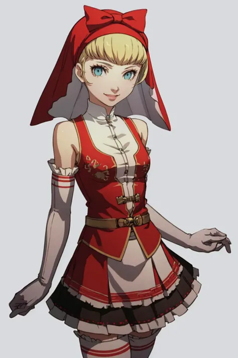 masterpiece, best quality, solo, 1girl, looking at viewer, smile, <lora:P3-Protraits_Fp:0.8>, simple background, <lora:Idun:1>, red dress, veil, bow, gloves, white thighhighs, skirt