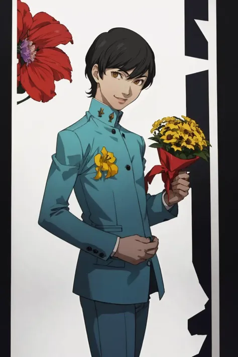 masterpiece, best quality, solo, 1boy, looking at viewer, smile, <lora:P3-Protraits_Fp:0.8>, simple background, <lora:Jun_Fp:1>, junp2, school uniform, gakuran, flower, pants,