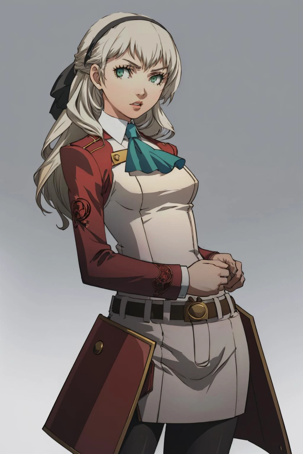 masterpiece, best quality, <lora:elie-nvwls-v2-zero:0.8> elie macdowell, green eyes, hairband, blue ascot, hair ribbon, long sleeves, belt, pantyhose, white boots <lora:P3-Protraits_Fp:1> simple background, looking at viewer, serious