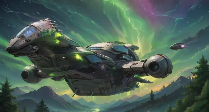a fairy tale illustration of a s3r3n1ty spaceship flying above wakanda with huge forested hills in a (lime sky) with stars in the background, ((aurora borealis)), shooting stars , (lightning) <lora:s3r3n1ty_SDXL_v1_32-000031:1> <lora:xl_more_art-full_v1:0.8>