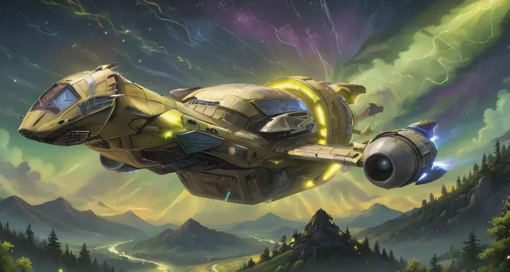 a fairy tale illustration of a s3r3n1ty spaceship flying above wakanda with huge forested hills in a (lime sky) with stars in the background, ((aurora borealis)), shooting stars , ((yellow lightning)) <lora:s3r3n1ty_SDXL_v1_32-000031:1> <lora:xl_more_art-full_v1:0.8>