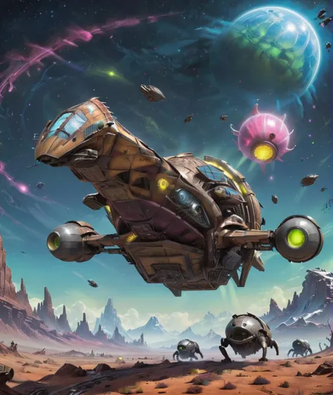 a rusted s3r3n1ty spaceship landing on an alien planet with a bunch of strange creatures from no man's sky, moons, stars, aurora borealis, (symmetrical :1.2) <lora:s3r3n1ty_SDXL_v1_32-000031:1> <lora:xl_more_art-full_v1:0.8>