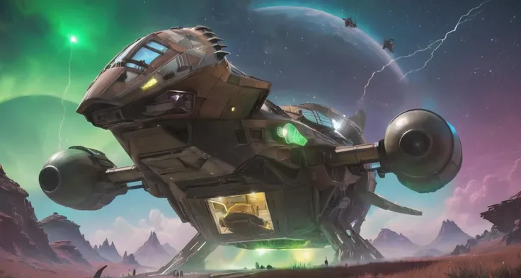 a rusted (s3r3n1ty:1.0) spaceship landing on a planet from no man's sky surrounded by alien creatures, electric (green sky), moons, stars, aurora borealis , (lightning) <lora:s3r3n1ty_SDXL_v1_32-000031:1>