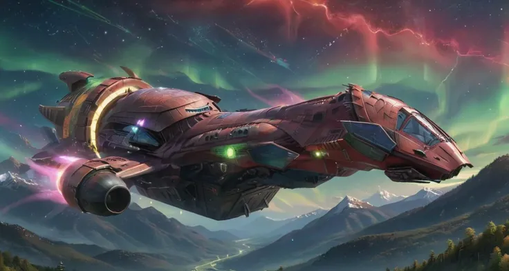 a s3r3n1ty spaceship flying above wakanda with huge forested hills with stars in the background, ((aurora borealis)), kaleidescope of colors, shooting stars , ((red lightning)), magical, fantasy <lora:s3r3n1ty_SDXL_v1_32-000031:1> <lora:xl_more_art-full_v1:0.8>