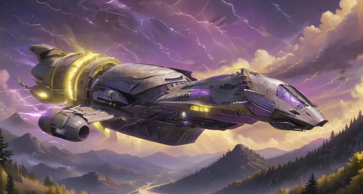 a fairy tale illustration of a s3r3n1ty spaceship flying above wakanda with huge forested hills in a (purple sky) with stars in the background, ((aurora borealis)), shooting stars , ((yellow lightning)), magical, fantasy <lora:s3r3n1ty_SDXL_v1_32-000031:1> <lora:xl_more_art-full_v1:0.8>